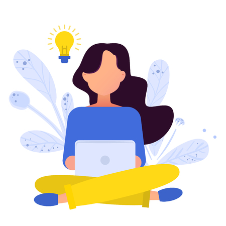 Girl sitting on the floor and working with laptop in white background illustration.のイラスト素材