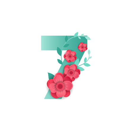 Floral number 7 Made of Flowers. Typographic, Monogram.Paper cut style. Vector illustration.のイラスト素材