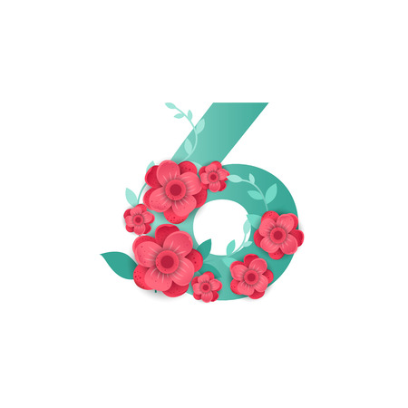 Floral number 6 Made of Flowers. Typographic, Monogram. Paper cut style. Vector illustration.のイラスト素材