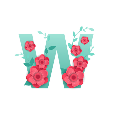 Floral Letter W Made of Flowers. Typographic, Monogram.Paper cut style. Vector illustration.のイラスト素材