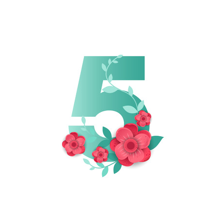 Floral number 5 Made of Flowers. Typographic, Monogram.Paper cut style. Vector illustration.のイラスト素材