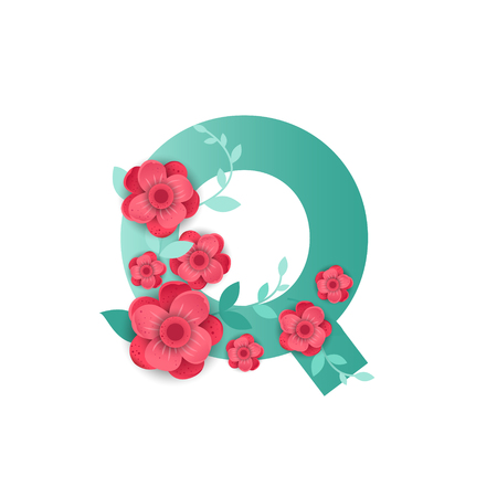 Floral Letter Q Made of Flowers. Typographic, Monogram. Paper cut style.のイラスト素材