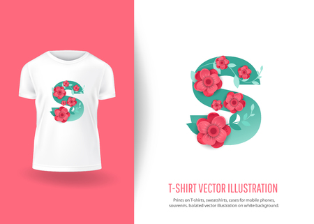 Color Letter S with beautiful flowers. Prints on T-shirts, sweatshirts, cases for  phones, souvenirs. Isolated vector illustration on white background.のイラスト素材