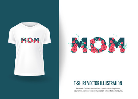 Color mom  text with beautiful flowers. Prints on T-shirts, sweatshirts, cases for  phones, souvenirs. Isolated vector illustration on white background.のイラスト素材