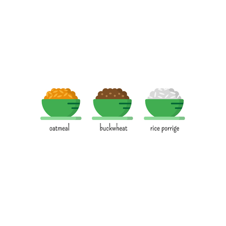 Healthy breakfast icon set.  Oatmeal, buckwheat and rice porridge. Cartoon illustrationのイラスト素材
