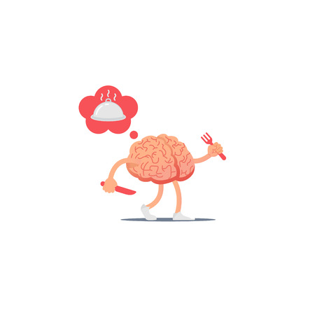 Cartoon vector brain with a knife and fork thinks about foodのイラスト素材