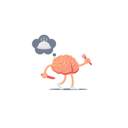 Cartoon vector brain with a knife and fork thinks about food.のイラスト素材