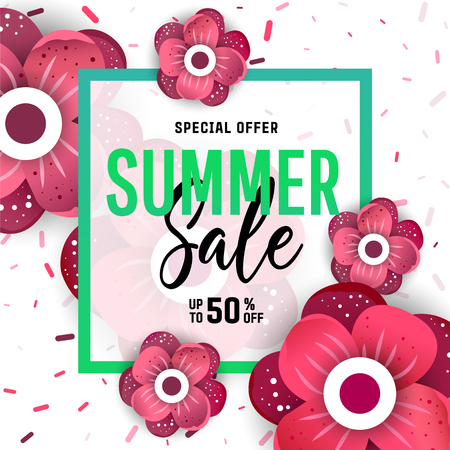 Summer sale banner background layout with flowers. Easy editable for Your design.のイラスト素材
