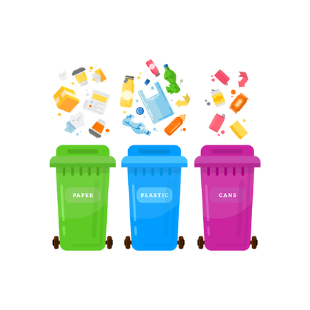 Trash sorting. Plastic container for various debris.のイラスト素材