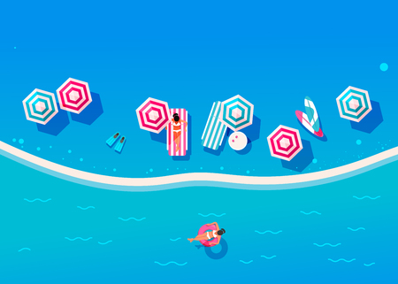 People swim and sunbathe.  Top view beach background with umbrellas, swim ring,sunglasses, surfboardのイラスト素材