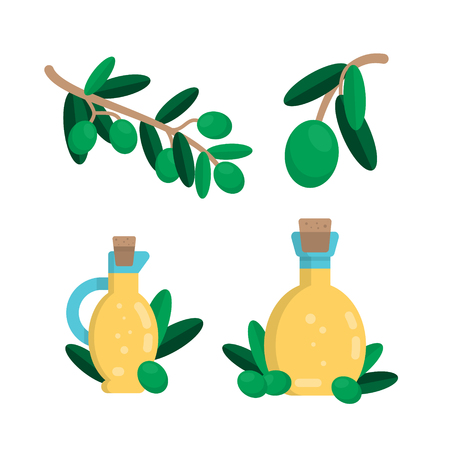 Vector set of realistic glass olive oil bottles and jars isolated on white backgroundのイラスト素材
