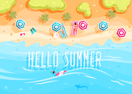 People swim and sunbathe.  Top view beach background with umbrellas, swim ring,  sunglasses, surfboardのイラスト素材