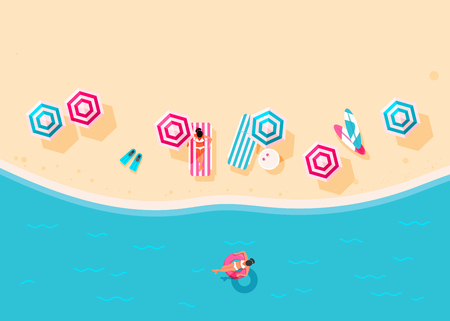 People swim and sunbathe.  Top view beach background with umbrellas, swim ring,  sunglasses, surfboardのイラスト素材