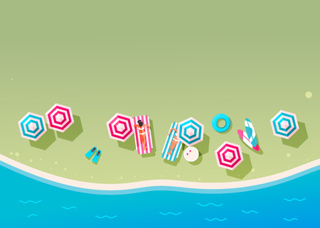 People swim and sunbathe.  Top view beach background with umbrellas, swim ring,sunglasses, surfboardのイラスト素材
