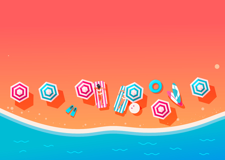 People swim and sunbathe.  Top view beach background with umbrellas, swim ring,sunglasses, surfboardのイラスト素材