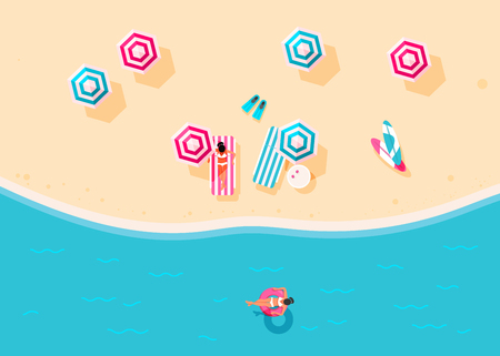 People swim and sunbathe.  Top view beach background with umbrellas, swim ring,  sunglasses, surfboardのイラスト素材