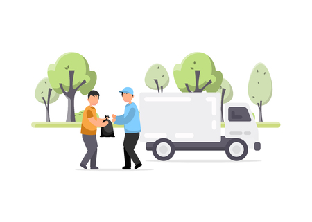Truck. Container with garbage. Flat vector illustration in cartoon style. Garbage truck and sanitation worker vector illustrationのイラスト素材