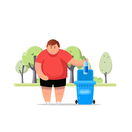 Protect the environment. Man throws a garbage in the trash. Vector illustration.Trash sortingのイラスト素材
