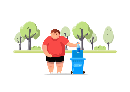 Protect the environment. Man throws a garbage in the trash. Vector illustration.Trash sortingのイラスト素材