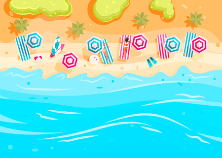 People swim and sunbathe.  Top view beach background with umbrellas, swim ring,sunglasses, surfboardのイラスト素材