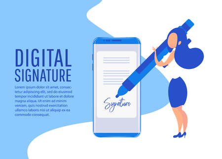 Digital signature. Businesswoman puts signature.  Flat 3d web isometric contract signature infographic concept vectorのイラスト素材