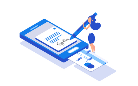 Digital signature. Businesswoman puts signature.  Flat 3d web isometric contract signature infographic concept vectorのイラスト素材
