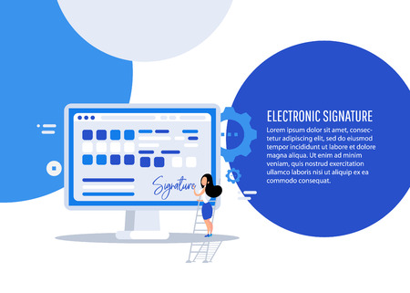 Digital signature. Businesswoman puts signature.  Flat 3d web isometric contract signature infographic concept vectorのイラスト素材
