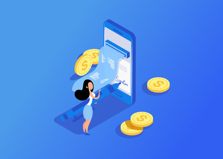 Digital signature. Businesswoman puts signature.  Flat 3d web isometric contract signature infographic concept vectorのイラスト素材