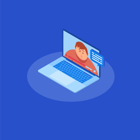 Video chatting online on computer. Isometrics young people, communication on the Internet with different people, correspondence.のイラスト素材