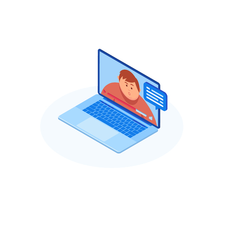 Video chatting online on computer. Isometrics young people, communication on the Internet with different people, correspondence.のイラスト素材