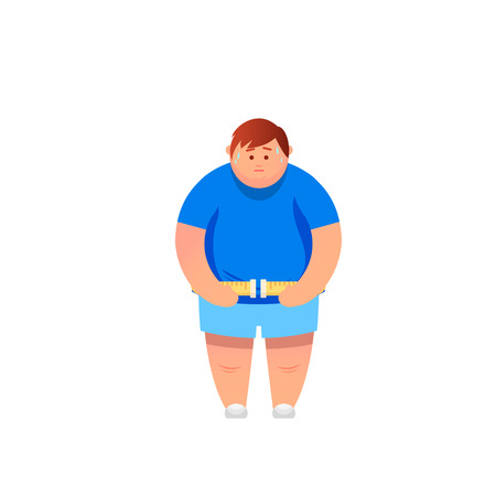 Abdomen fat, overweight man with a big belly and measure tape around waist against. Vector illustrationのイラスト素材