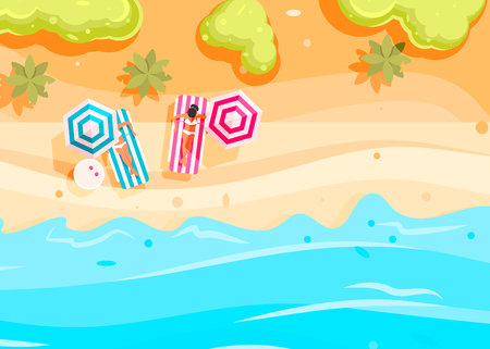 People swim and sunbathe.  Top view beach background with umbrellas, swim ring,sunglasses, surfboardのイラスト素材