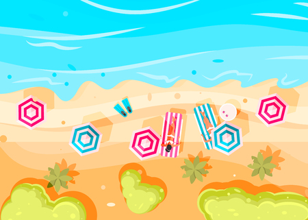 People swim and sunbathe.  Top view beach background with umbrellas, swim ring,sunglasses, surfboardのイラスト素材