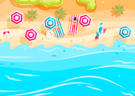 People swim and sunbathe.  Top view beach background with umbrellas, swim ring,sunglasses, surfboardのイラスト素材