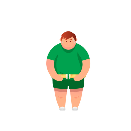 Abdomen fat, overweight man with a big belly and measure tape around waist against. Vector illustrationのイラスト素材