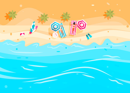 People swim and sunbathe.  Top view beach background with umbrellas, swim ring,sunglasses, surfboardのイラスト素材