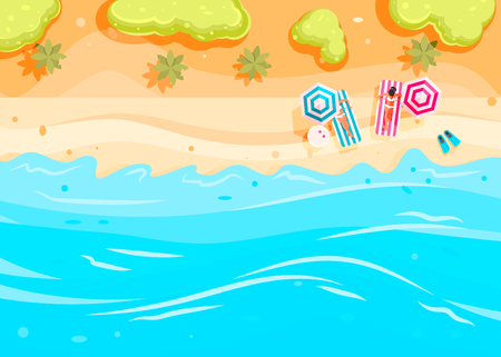 People swim and sunbathe.  Top view beach background with umbrellas, swim ring,sunglasses, surfboardのイラスト素材