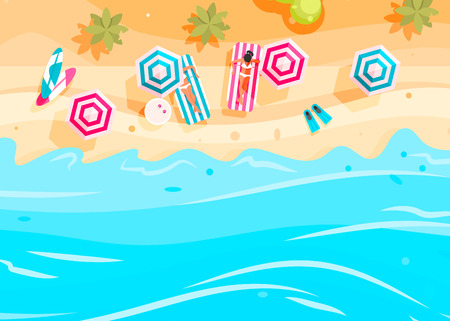 People swim and sunbathe.  Top view beach background with umbrellas, swim ring,sunglasses, surfboardのイラスト素材
