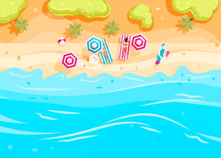 People swim and sunbathe.  Top view beach background with umbrellas, swim ring,sunglasses, surfboardのイラスト素材