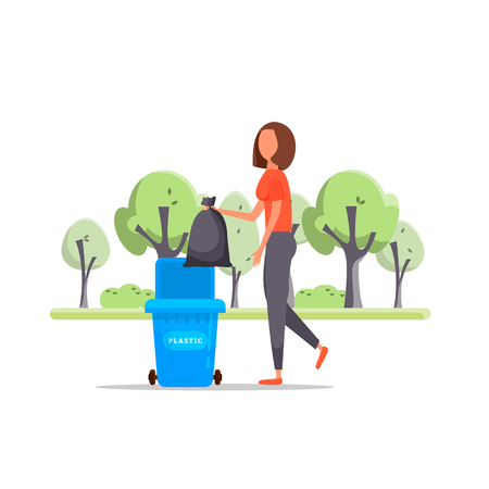 Protect the environment. Woman throws a garbage in the trash. Vector illustration.Trash sortingのイラスト素材