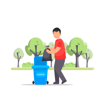 Protect the environment. Man throws a garbage in the trash. Vector illustration.Trash sortingのイラスト素材