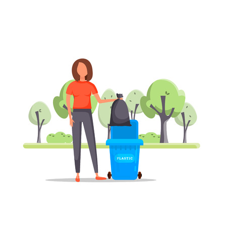 Protect the environment. Woman throws a garbage in the trash. Vector illustration.Trash sortingのイラスト素材