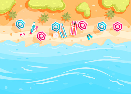 People swim and sunbathe.  Top view beach background with umbrellas, swim ring,sunglasses, surfboardのイラスト素材