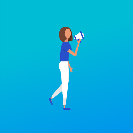 Woman with megaphone vector illustration.  Hand holding megaphone with bubble speechのイラスト素材