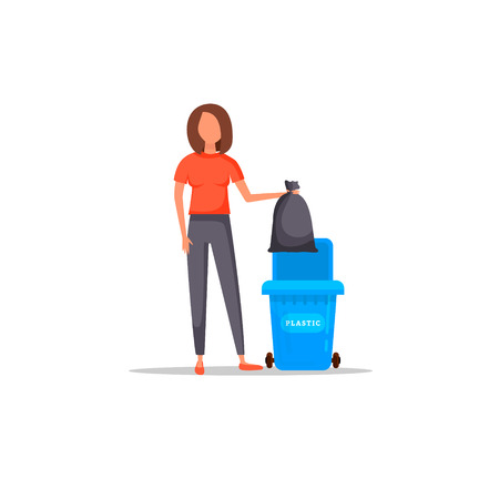Protect the environment. Woman throws a garbage in the trash. Vector illustration.Trash sortingのイラスト素材