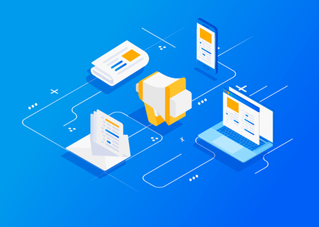 Digital marketing concept. Outbound marketing. Isometric character  digital marketing agency.のイラスト素材