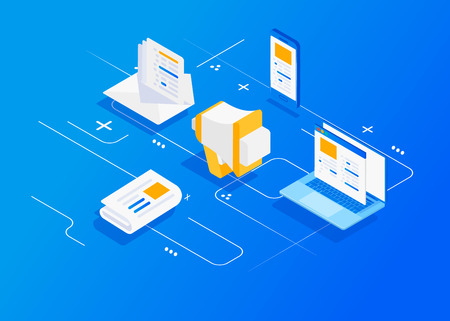 Digital marketing concept. Outbound marketing. Isometric character  digital marketing agency.のイラスト素材