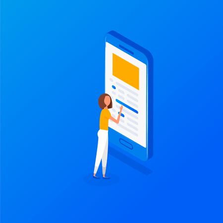 Woman user smartphone design Isometric.  Flat modern illustration of social networking, searching and sending email and texting to friends in social networksのイラスト素材
