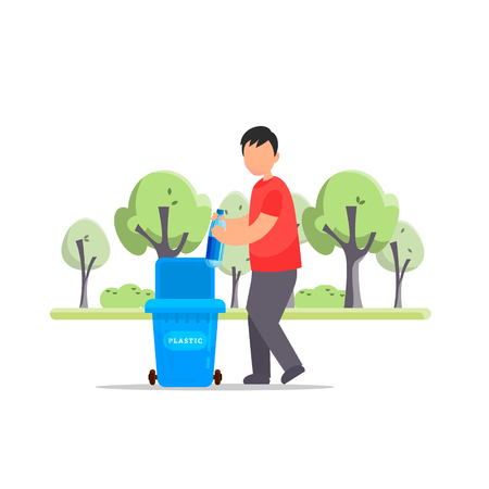 Protect the environment. Man throws a garbage in the trash. Vector illustration.Trash sortingのイラスト素材