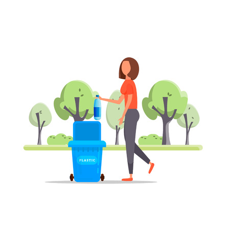 Protect the environment. Woman throws a garbage in the trash. Vector illustration.Trash sortingのイラスト素材